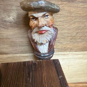 Vintage Hand-carved Wooden Wine bottle stopper with Brown and Cream Accents